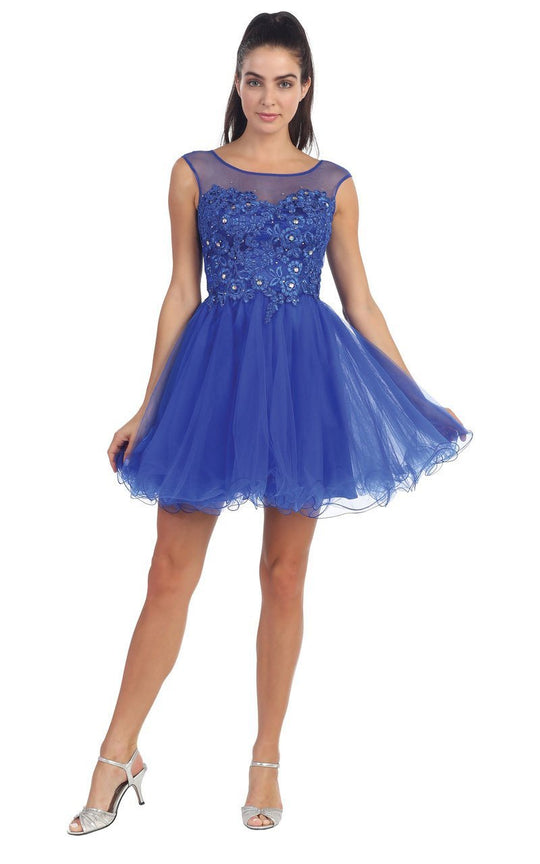 Sheer Floral Applique Cocktail Dress 8881 in Royal Blue