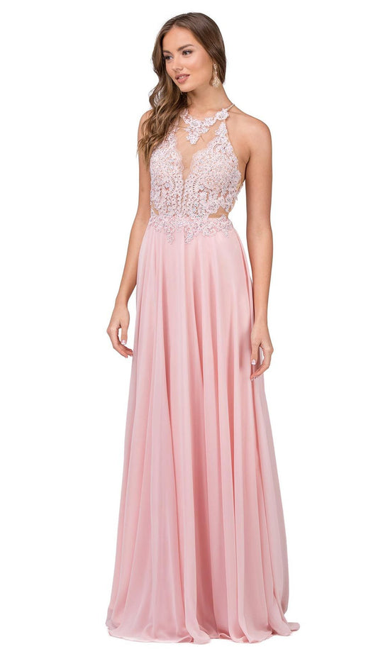 Dancing Queen - 2015 Lace Embellished Illusion Bodice Chiffon Gown In Pink