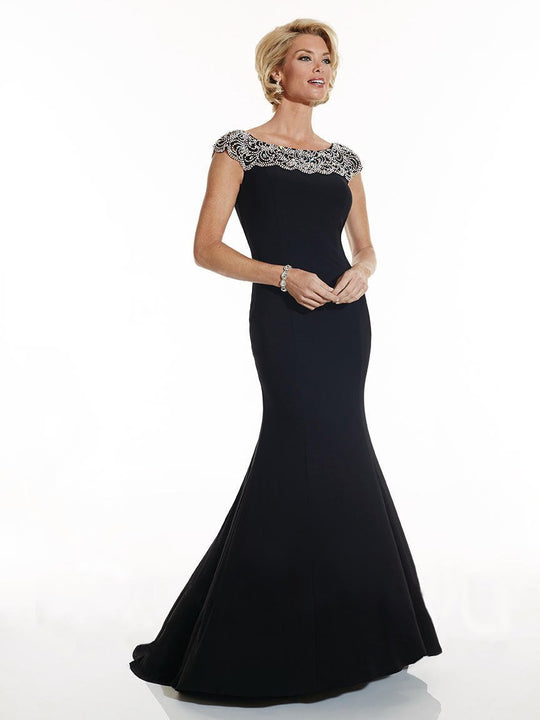 Christina Wu Elegance - 20173 Bejeweled Bateau Jersey Trumpet Dress in Black