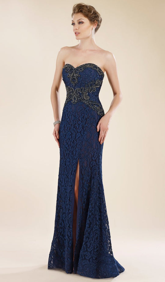 Rina Di Montella - RD2018 Lace Embellished Sweetheart Sheath Dress in Black and Gray