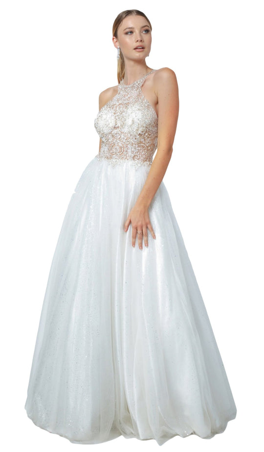 Nox Anabel - E158 Applique Halter Neck Ballgown In White and Gold
