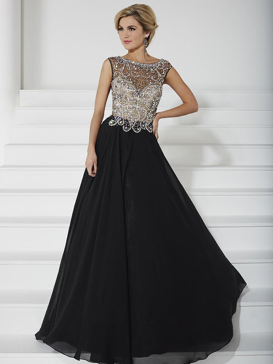 Christina Wu Elegance Beaded Illusion Chiffon Long Gown - 1 pc Black/Nude In Size 6 Available In Black and Neutral