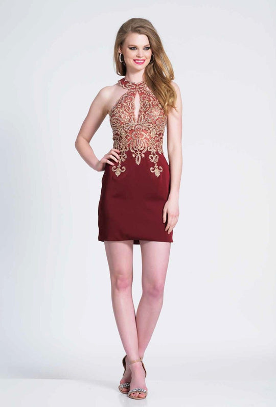 Dave & Johnny - 2973W Gold Lace Appliqued Halter Fitted Cocktail Dress In Red