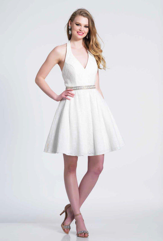 Dave & Johnny - A6288 Sleeveless Halter V-neck A-line Dress In White