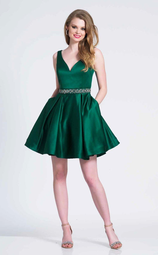 Dave & Johnny - 3854W Jewel Ornate Waistband V Neck Cocktail Dress In Green