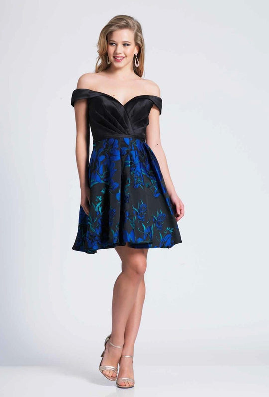 Dave & Johnny - A6735 Pleated Off-Shoulder Floral Detailed Aline Dress In Print