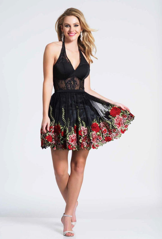 Dave & Johnny - A6970 Lace And Floral Embroidered A-line Dress In Black