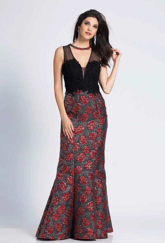 Dave & Johnny - A7004 Embellished Jewel Floral Accented Trumpet Dress In Black and Red