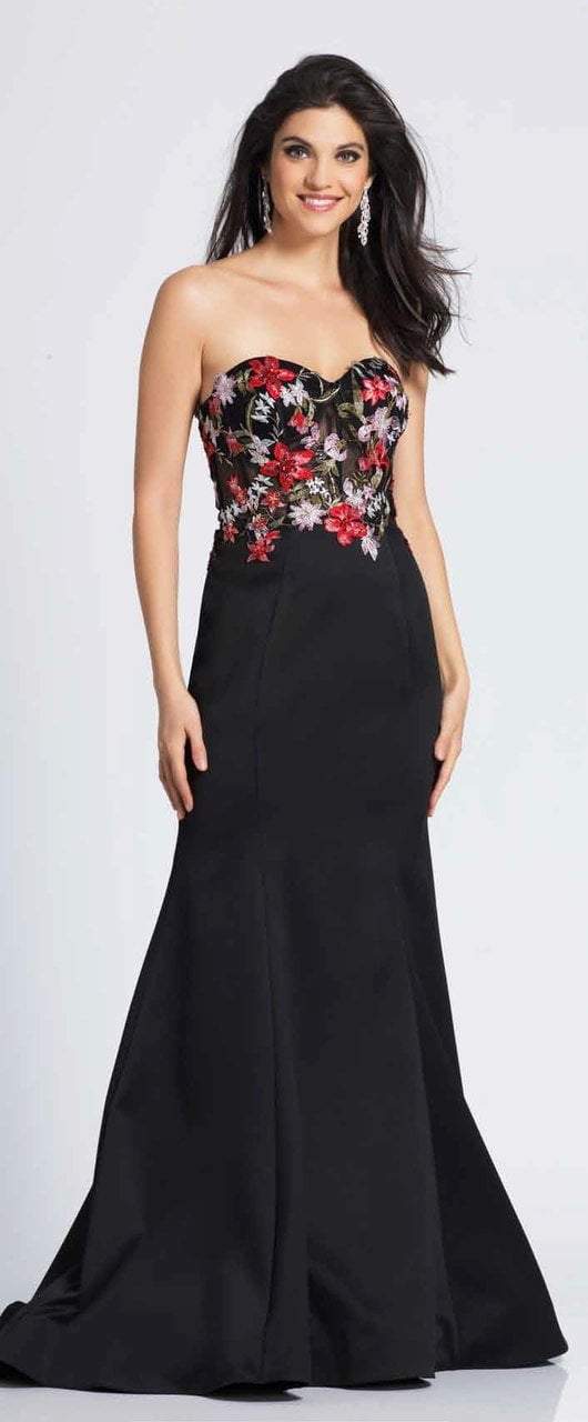 Dave & Johnny - A6648 Strapless Floral Embroidered Trumpet Dress In Black