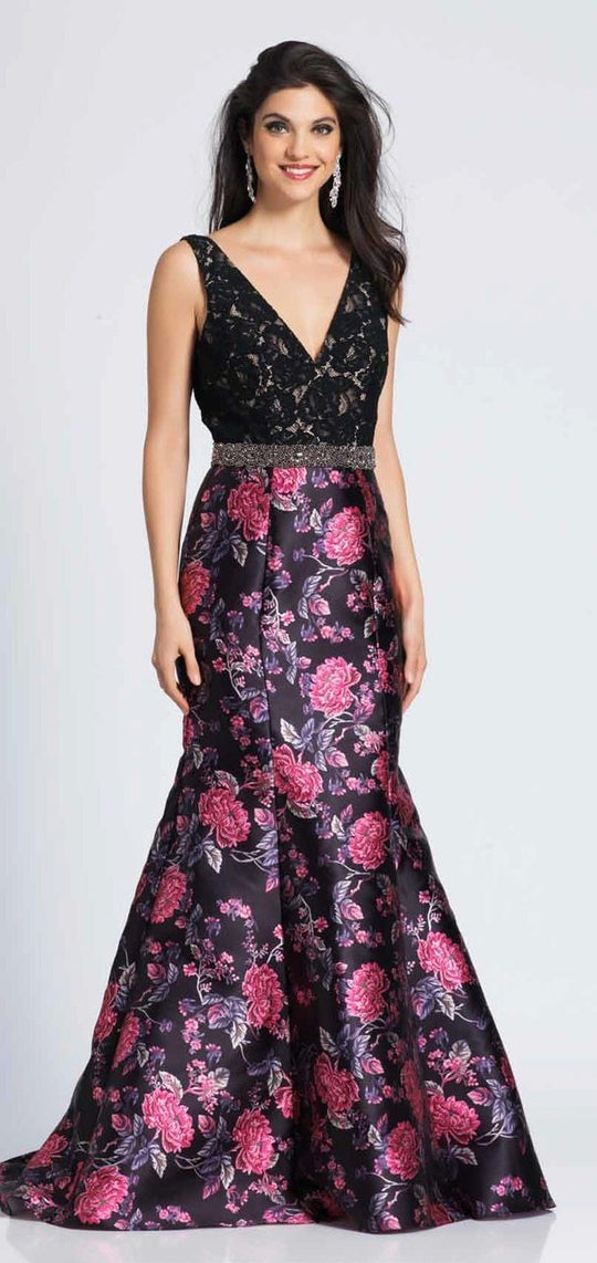 Dave & Johnny - A7080 Lace Plunging V-neck Floral Print Mermaid Dress In Print