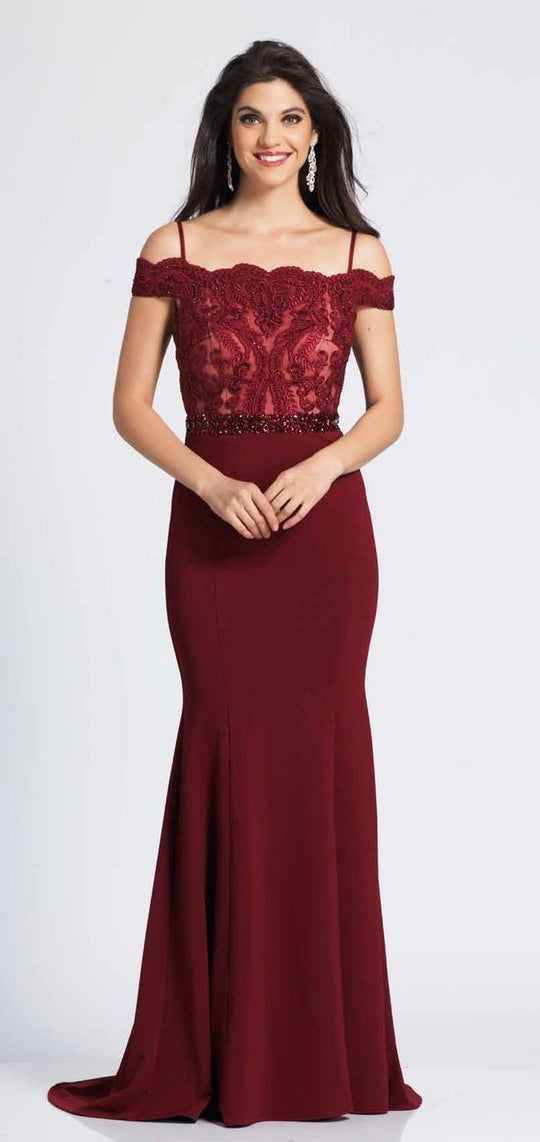Dave & Johnny - A6960 Lace Off-Shoulder Embellished Trumpet Dress In Red