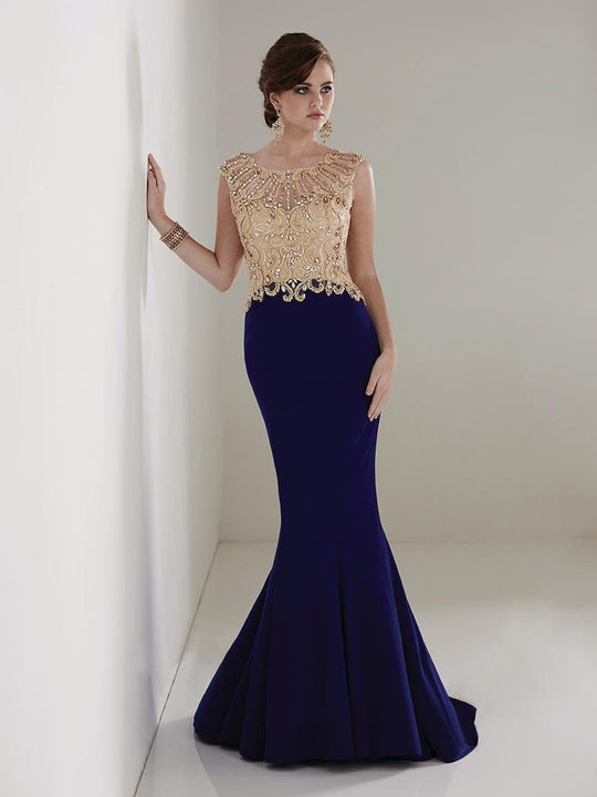 Christina Wu Elegance - 20208 Beaded Bateau Jersey Mermaid Dress in Blue and Gold