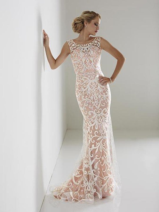 Christina Wu Elegance - 20214 Metallic Lace Illusion Trumpet Dress in White and Pink