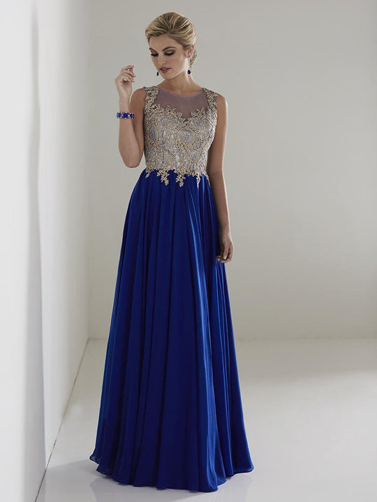 Christina Wu Elegance - 20215 Beaded Lace Illusion Bateau Chiffon Gown in Blue and Gold