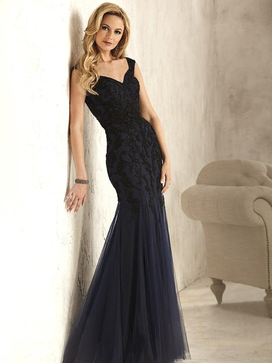 Christina Wu Elegance - Embellished Lace Sweetheart Trumpet Dress In Blue and Black