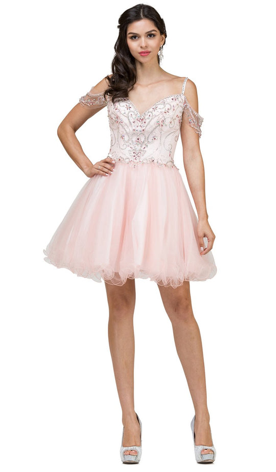Dancing Queen - 2023 Jeweled Off-Shoulder Fit and Flare Cocktail Dress In Pink