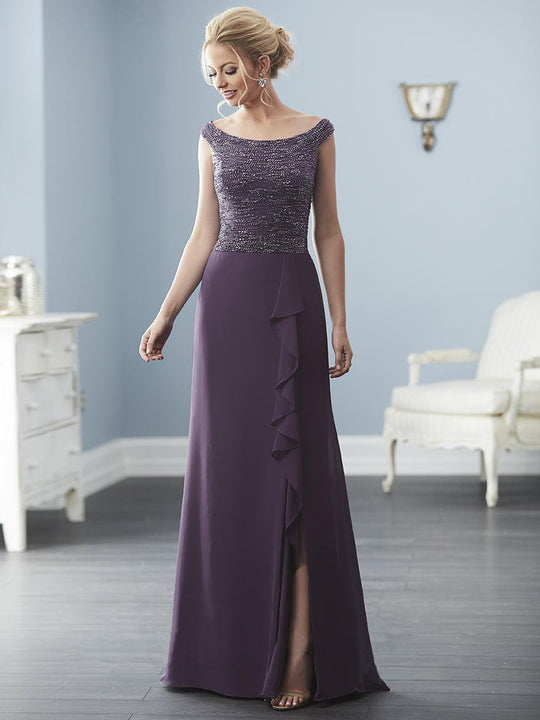 Christina Wu Elegance - 20230 Beaded Bateau Chiffon A-line Dress in Purple