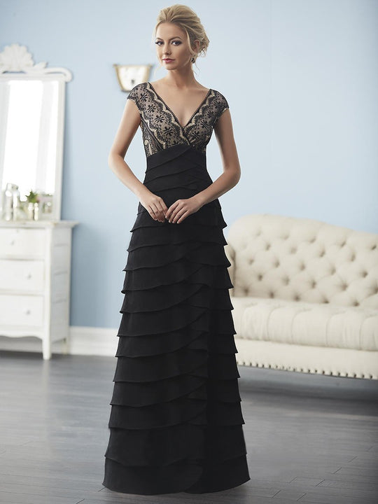 Christina Wu Elegance - 20241 Lace Plunging V-neck Tiered Sheath Dress in Black and Neutral