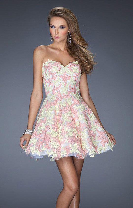 La Femme - 20247 Appliqued Lace Cocktail Dress in Yellow and Pink