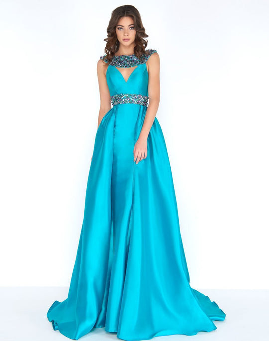 Cassandra Stone - 2025A Beaded Bateau Column Gown with Overskirt In Blue