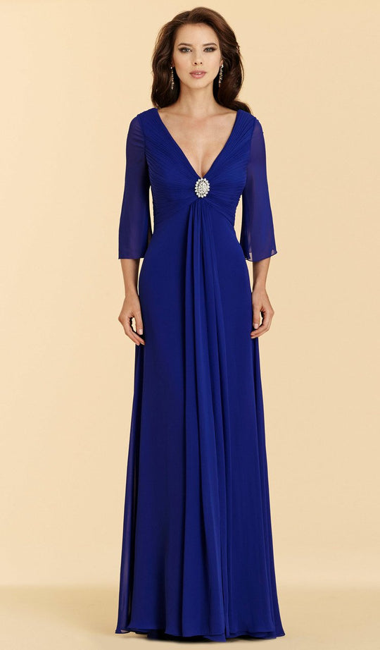 Rina Di Montella - RD2028 Brooch Accented Angel Sleeve Chiffon Gown in Blue