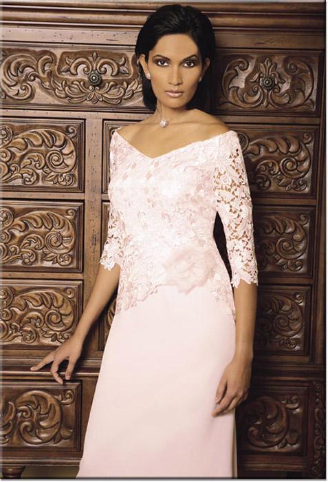 Daymor Couture - 2028 Rosette Accented Asymmetrical Lace Dress in Pink