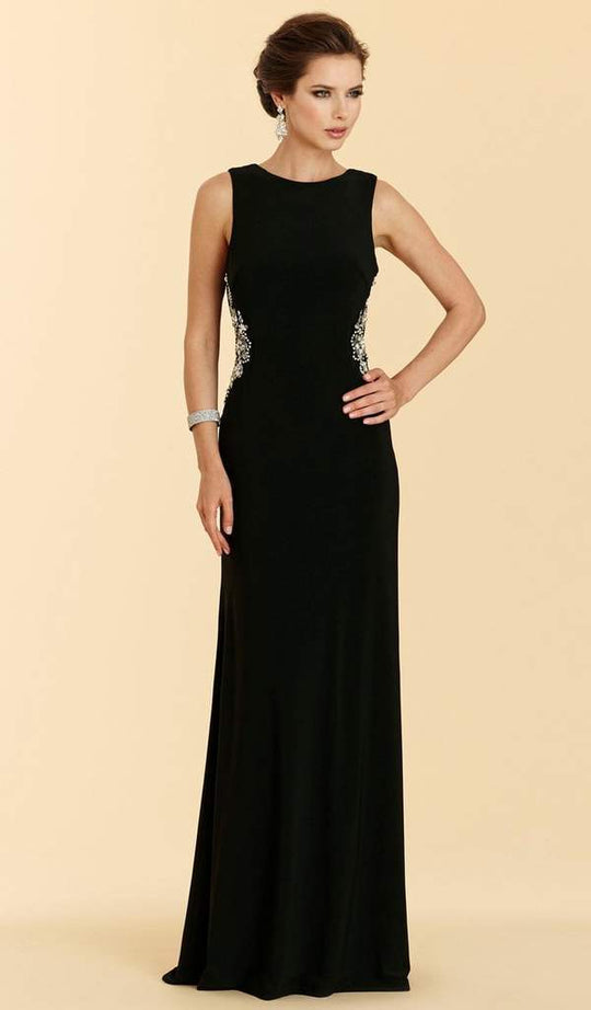 Rina Di Montella - Bejeweled Bateau Jersey Sheath Dress RD2029 In Black