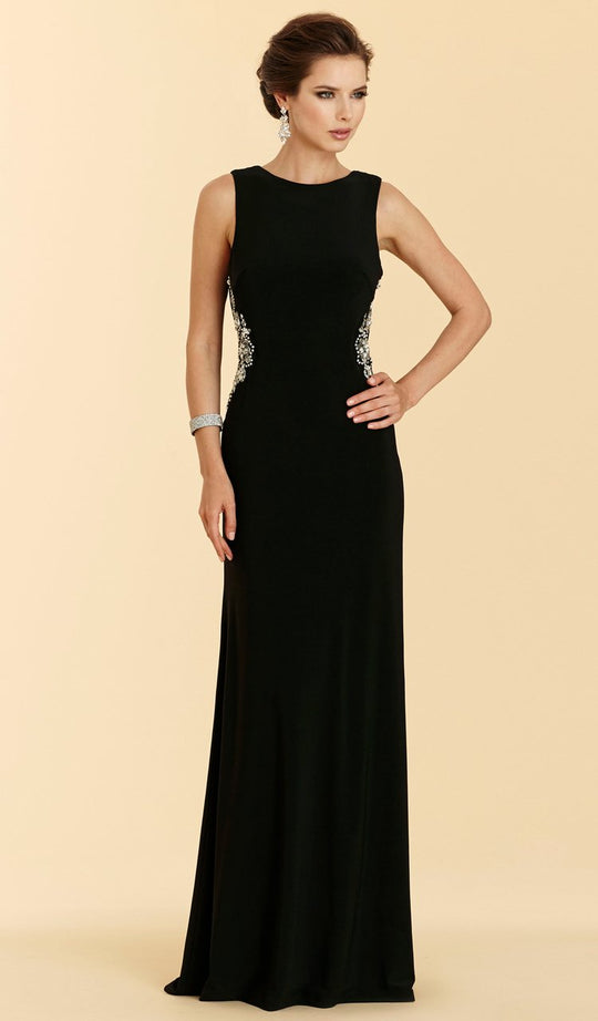 Rina Di Montella - RD2029 Bejeweled Bateau Jersey Sheath Dress in Black