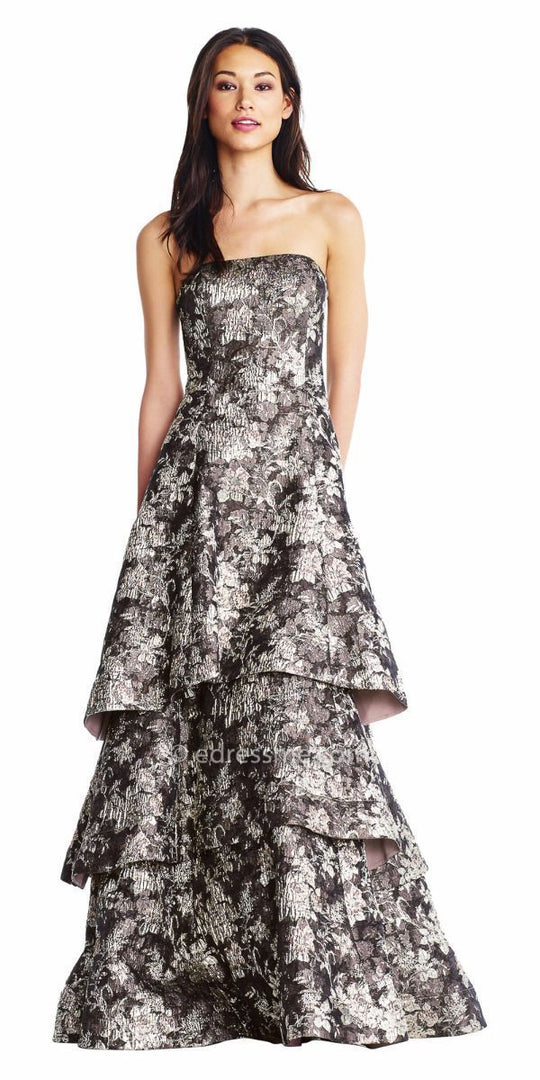 Aidan Mattox - MD1E203108 Strapless Tiered Hem Long A-line Gown In Black and Silver