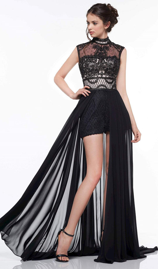 Colors Dress - 2036 Beaded High Neck Chiffon Romper A-line Dress In Black