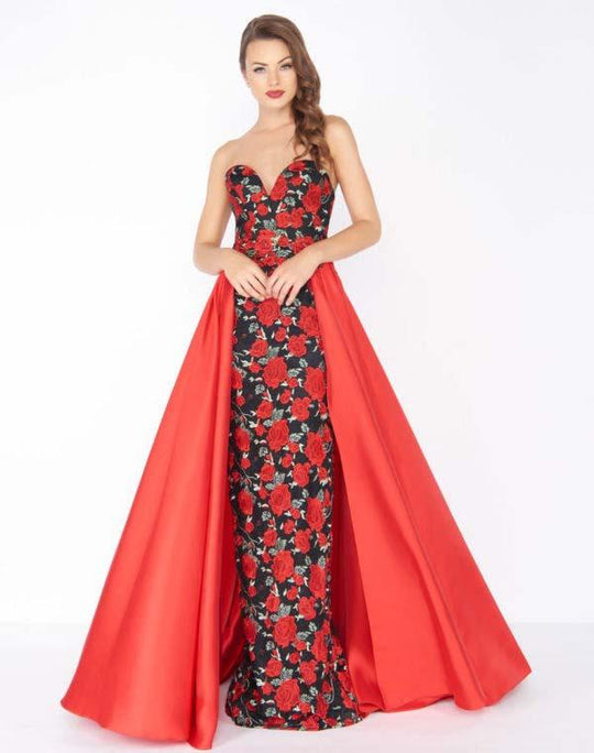 Mac Duggal - 2037R Floral Embroidered Sweetheart Dress with Overskirt In Red and Floral
