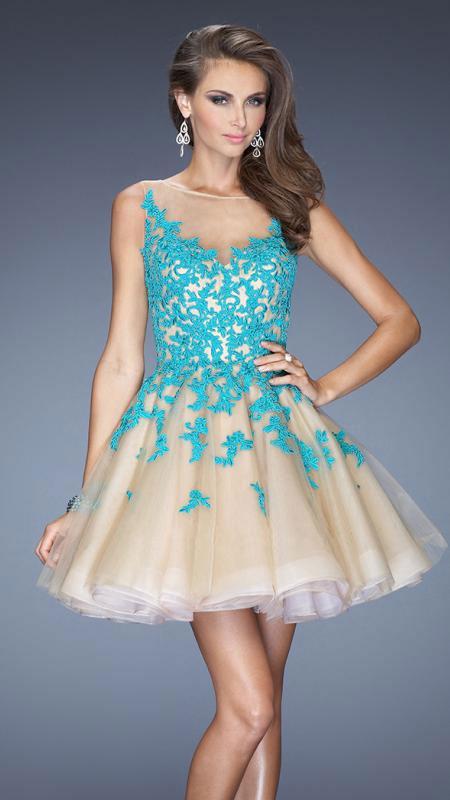 La Femme - Lace Applique Ballerina Skirted Party Dress 20339 In Blue