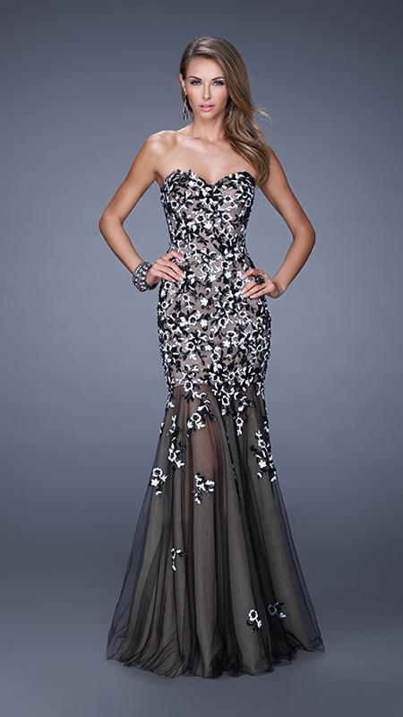 La Femme - 20424 Sequined Lace Mermaid Dress In Black and White