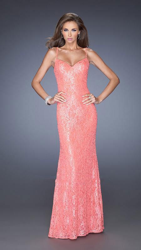 La Femme - Sequin and Lace Spaghetti Strap Evening Dress 20431 In Pink
