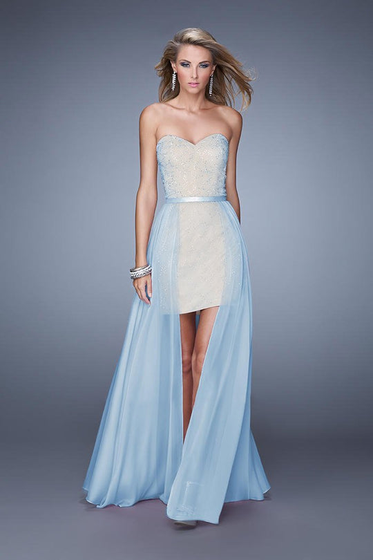 La Femme - 20446 Draped Cascade Strapless Gown in Blue