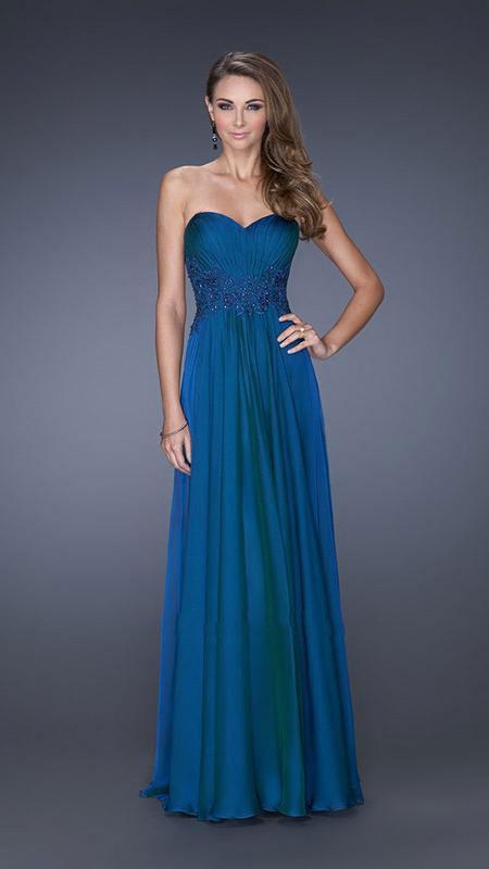 La Femme - Strapless Sweetheart Gown with Beaded Lace Applique 20449 in Blue