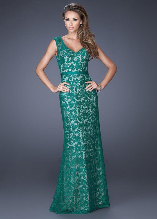 La Femme - 20450 Elegant V-Neck Lace Long Evening Dress In Green