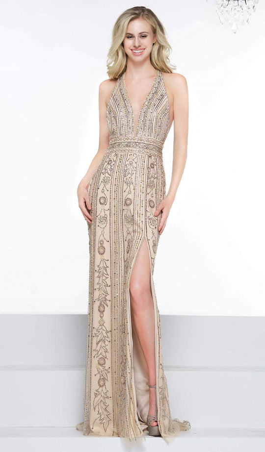 Colors Dress - 2045 Embellished Deep Halter V-neck Sheath Dress In Neutral