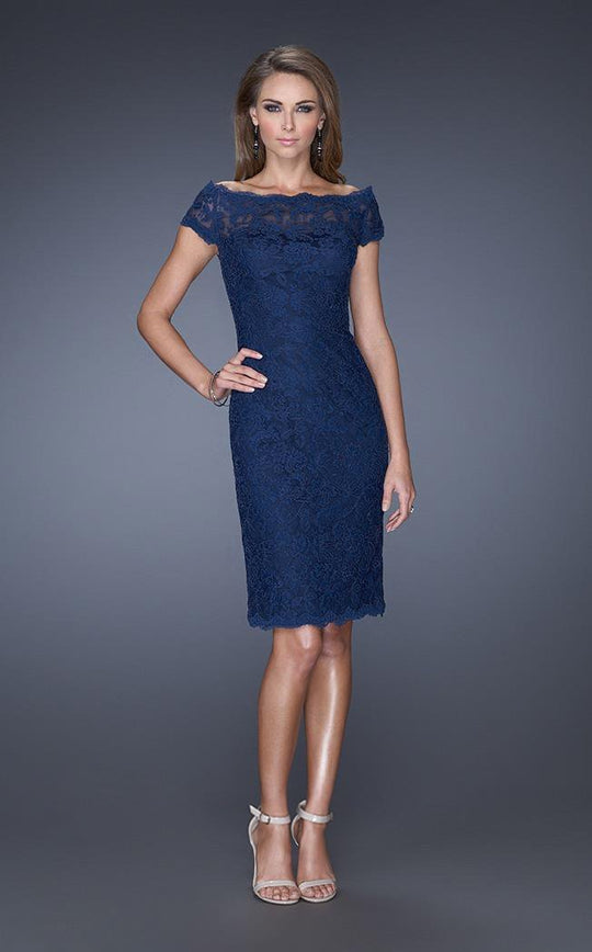 La Femme - 20462 Lace Off-Shoulder Column Dress In Blue