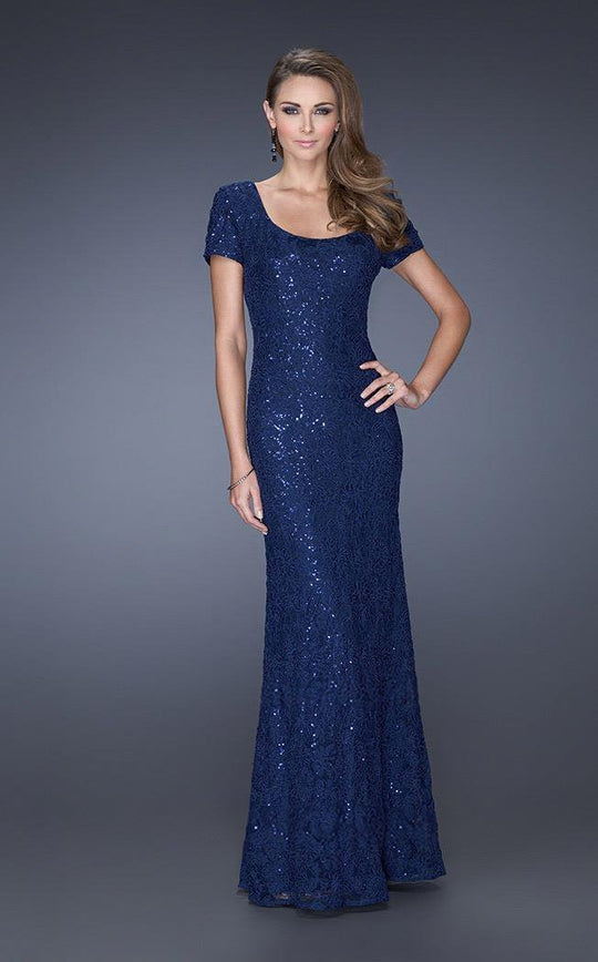 La Femme - 20463 Sequined Short Sleeves Sheath Long Gown In Blue