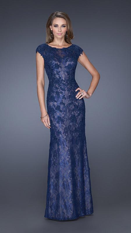 La Femme - 20471 Lace Illusion Sheath Gown with Cap Sleeves  in Blue