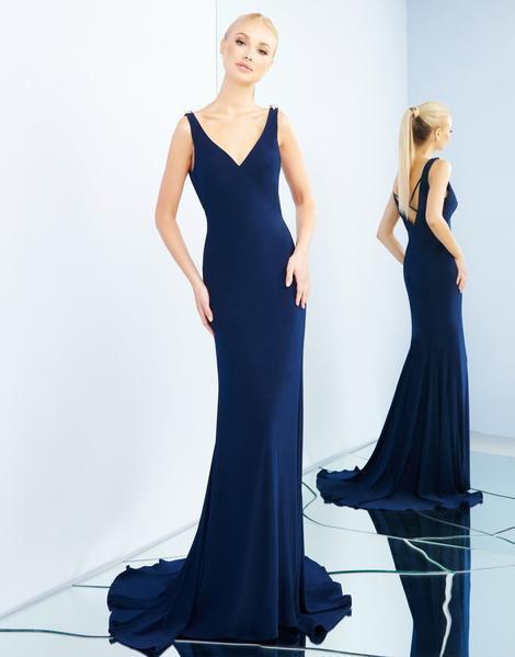 Ieena Duggal - 2050I Sleeveless V-neck Jersey Trumpet Dress With Train In Blue