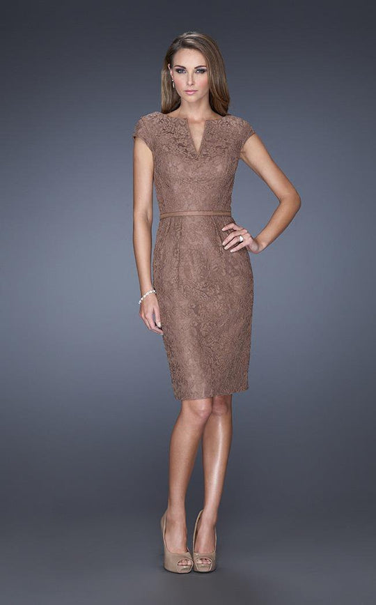 La Femme - 20501 Lace Split V-neck Column Dress In Brown