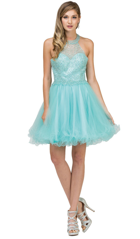 Dancing Queen - 2052 Beaded High Halter Cocktail Dress In Blue