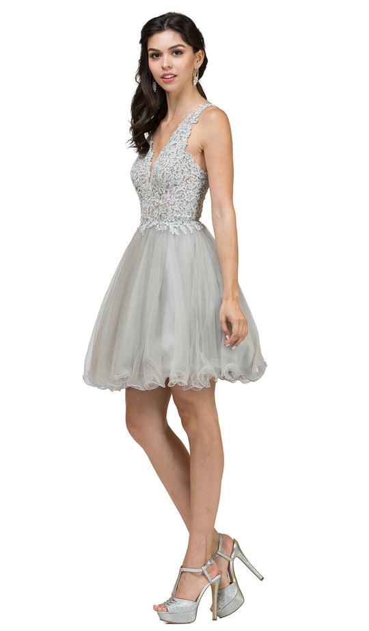 Dancing Queen - Lace Rhinestone Embellished Cocktail Dress 2054  In Silver