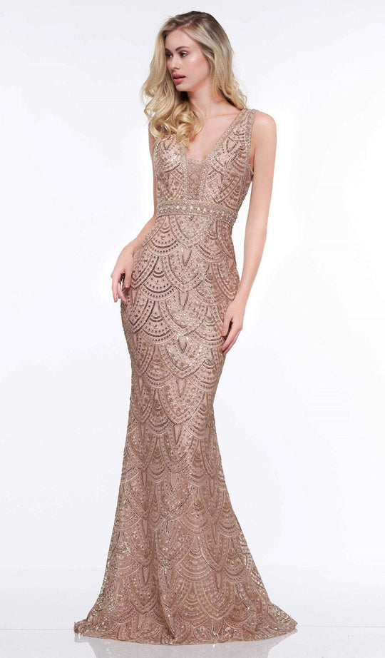 Colors Dress - 2054 Sequined Plunging V-Neck Gown In Gold