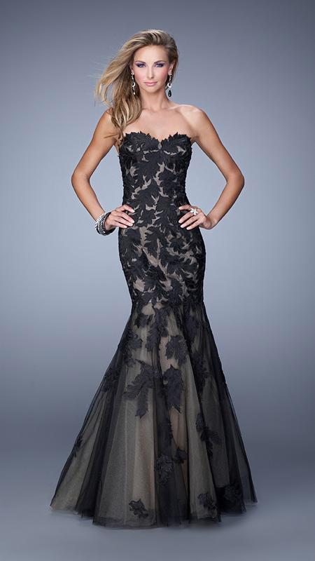 La Femme - 20553 Strapless Applique Embellished Gown In Black