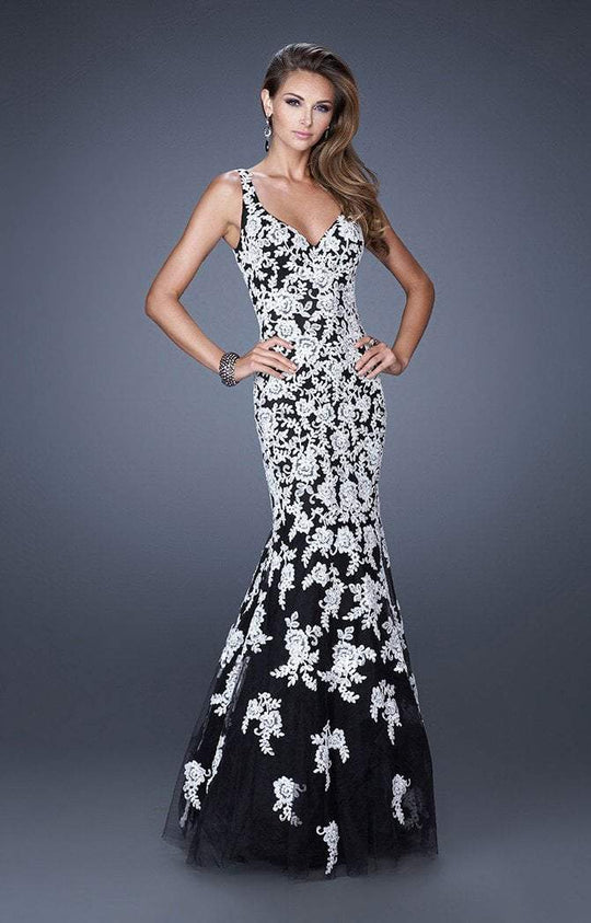 La Femme - 20556 V-Neck Lace Appliqued Mermaid Gown In Black and White