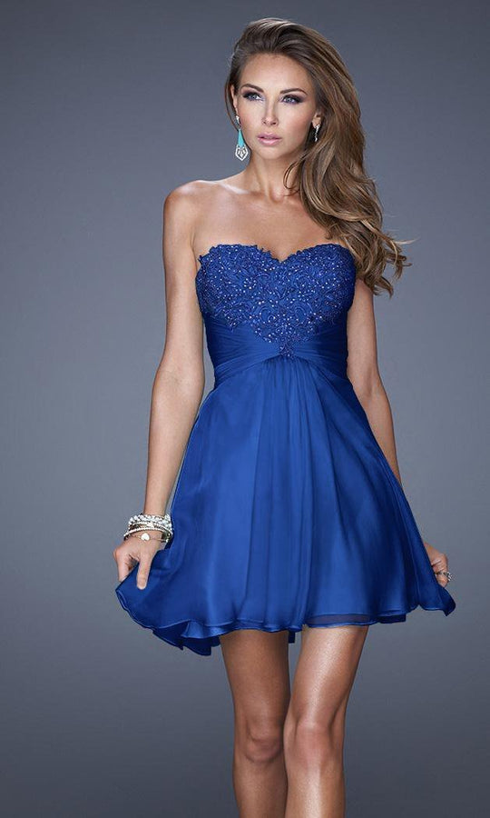 La Femme - Strapless Beaded Euched Cocktail Dress in Blue