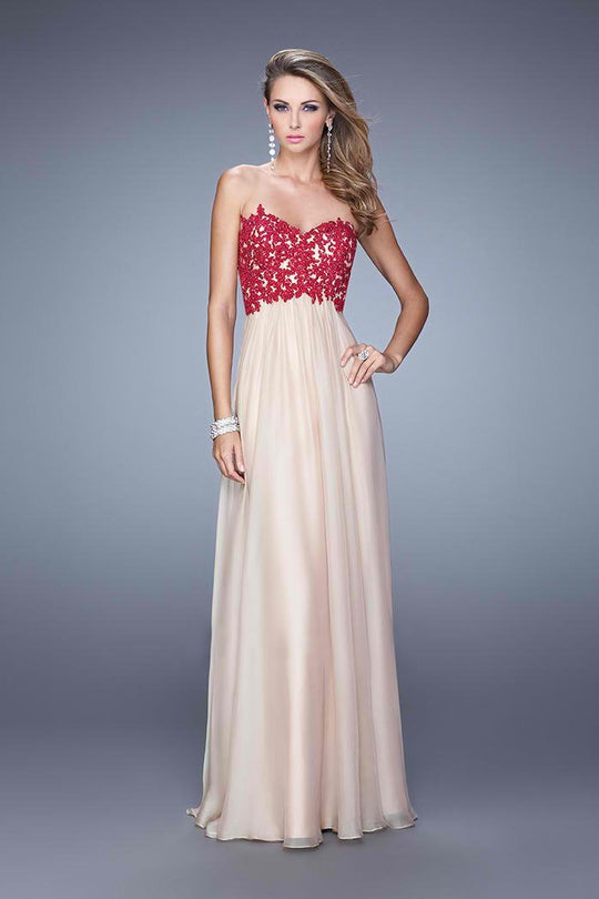 La Femme - 20617 Strapless Beaded Lace Chiffon Gown In Red and Neutral